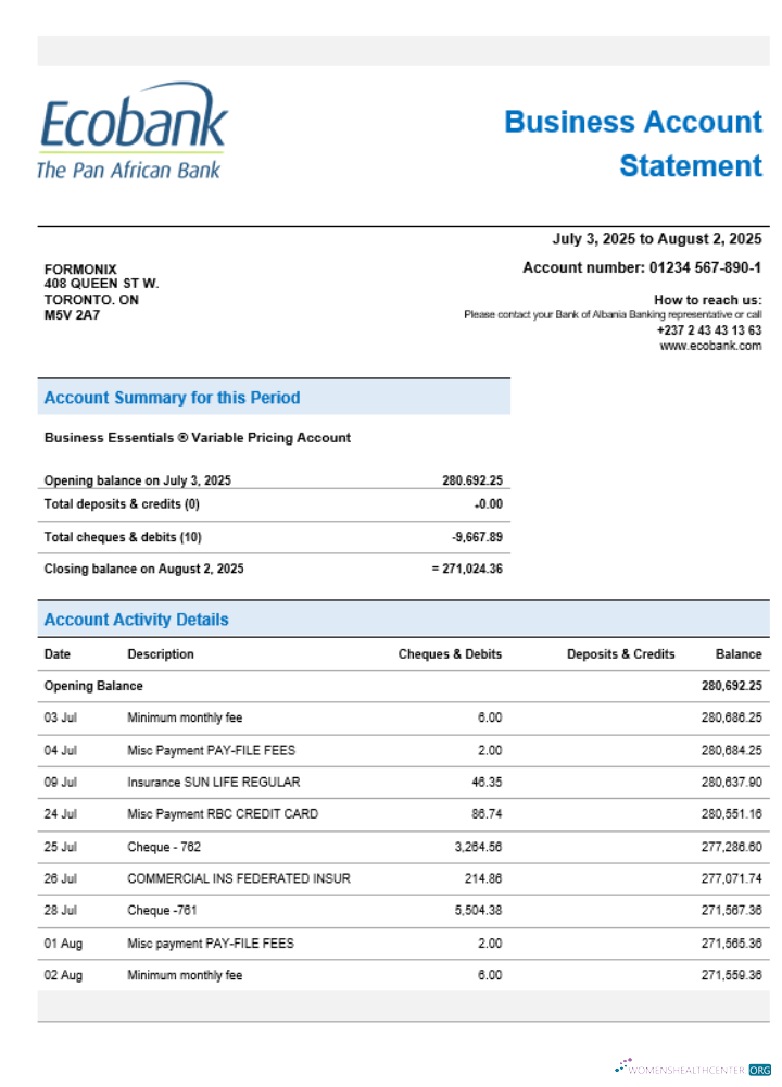 Download Ecobank organization checking account statement Word and PDF format Photoshop template